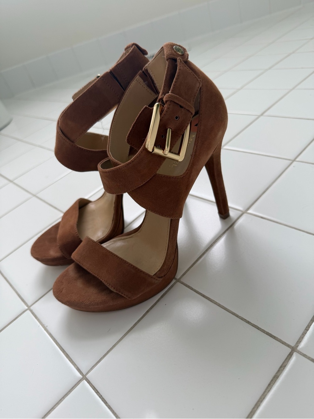 Michael Kors Brown Suede High Heel Sandals with Gold Buckle